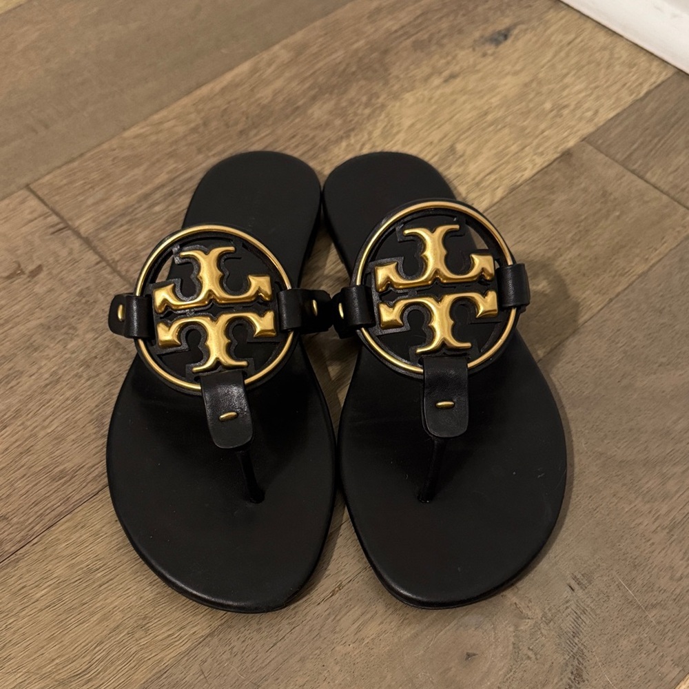 Tory Burch Black Sandals with Gold Logo
